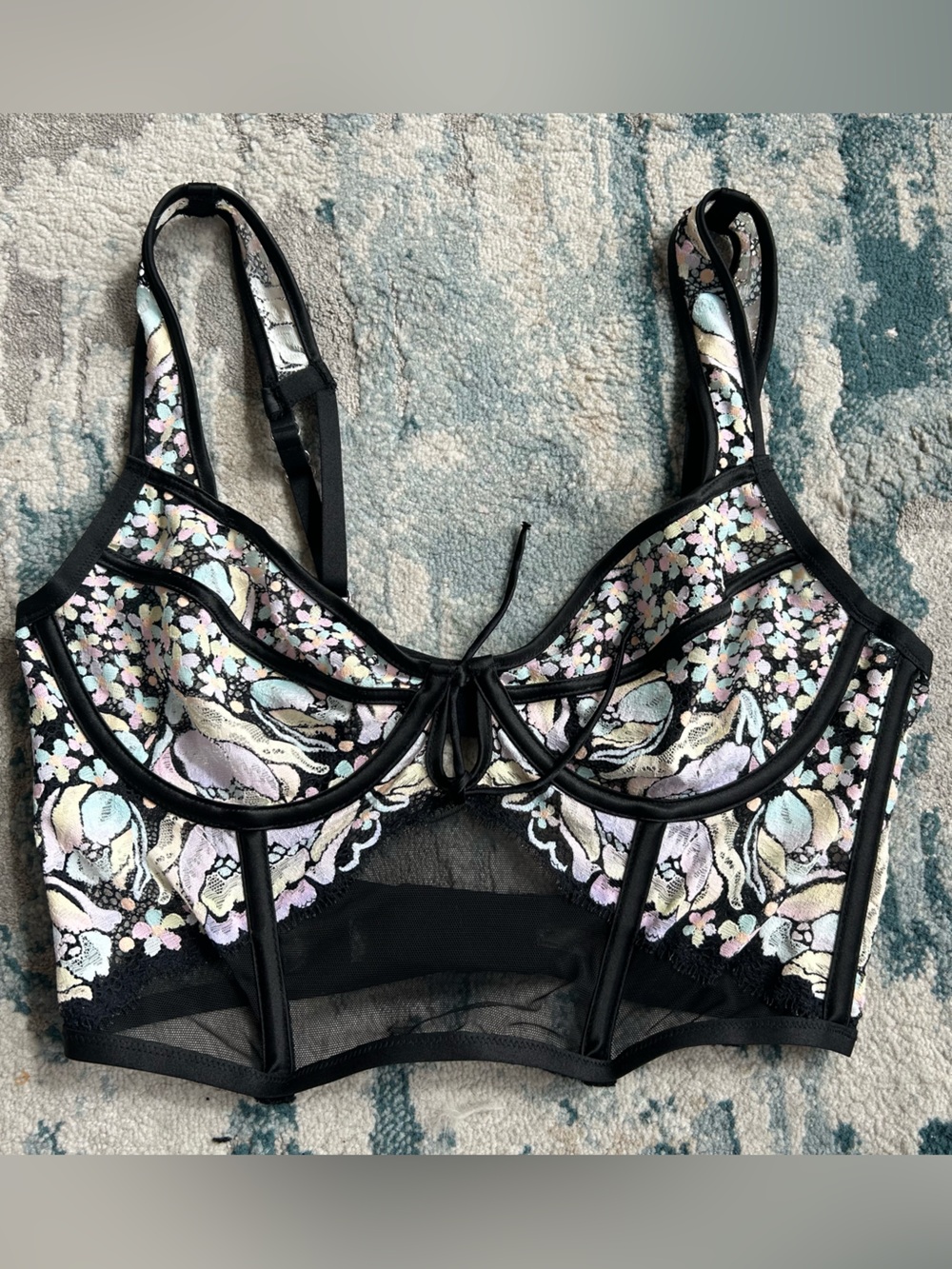 For Love & Lemons Black Floral Embroidered Longline Bralette